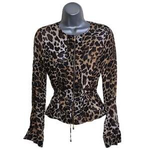 Caché  Sheer Cinched Drawstring Leopard Print Long Sleeve Top Size 0